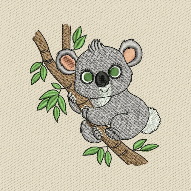 Niedlicher Koala auf Eukalyptusast Stickdatei