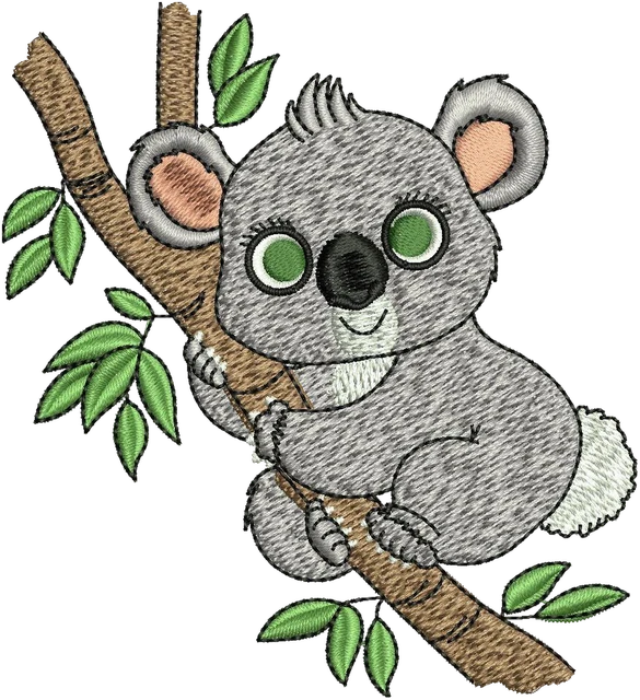 Diseño de bordado Diseño de bordado Koala adorable en rama de eucalipto sobre tela