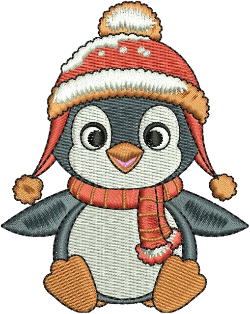 Stickdatei Niedlicher Pinguin mit Mütze und Schal Stickdatei auf Stoff gestickt