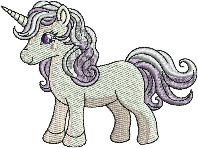 Cute Standing Unicorn with Purple Mane embroidery design shown stitched on fabric