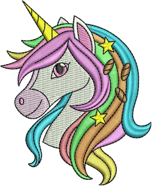 Cute Unicorn Head with Colourful Mane embroidery design shown stitched on fabric