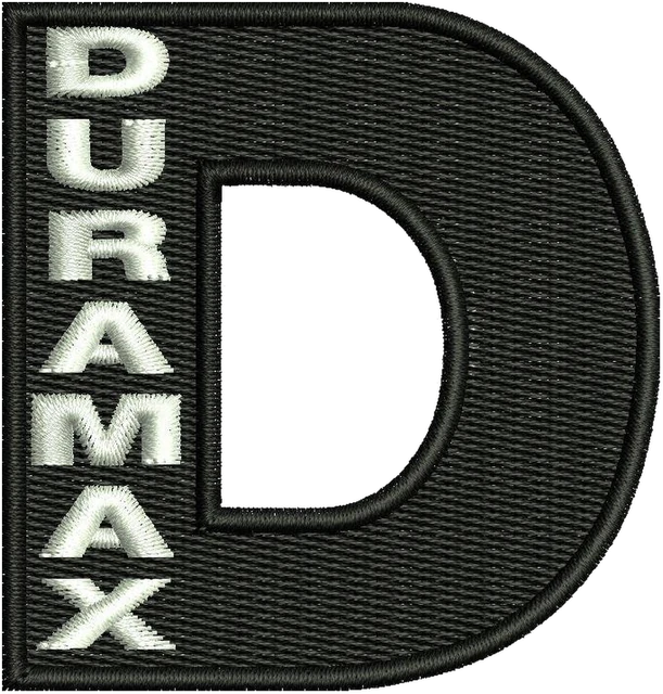 Duramax Black D Emblem embroidery design shown stitched on fabric