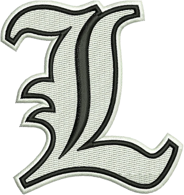 Death Note L Silver Black Letter Embroidery Design embroidery design shown stitched on fabric