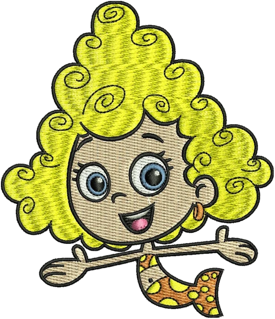 Deema from Bubble Guppies with Yellow Curls embroidery design shown stitched on fabric