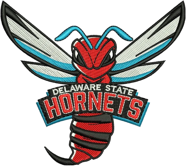 Stickdatei Delaware State Hornets geflügeltes Maskottchen Stickdatei auf Stoff gestickt