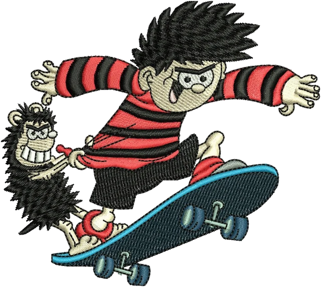 Dennis the Menace and Gnasher 4 Embroidery Design embroidery design shown stitched on fabric