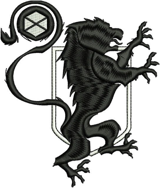 Destiny 2 Titan lion emblem embroidery design shown stitched on fabric