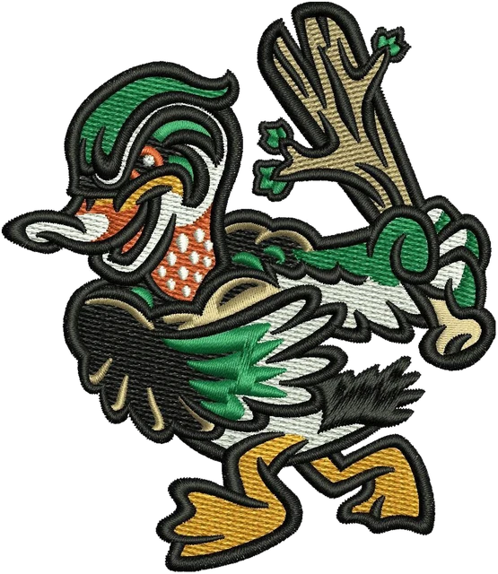 Down East Wood Ducks Mascot Logo embroidery design shown stitched on fabric