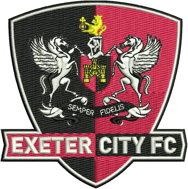 Exeter City FC Red and Black Crest embroidery design shown stitched on fabric