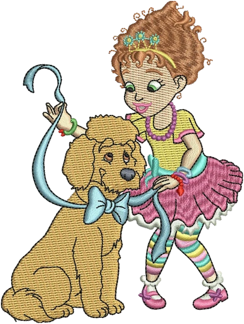 Fancy Nancy Hugging Her Dog embroidery design shown stitched on fabric