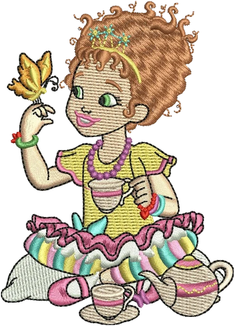 Fancy Nancy with Yellow Butterfly embroidery design shown stitched on fabric