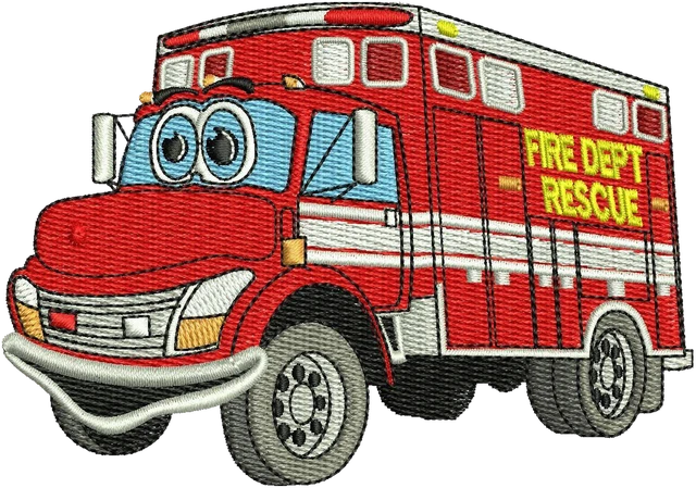 Fire Rescue Truck Cartoon Embroidery Design embroidery design shown stitched on fabric