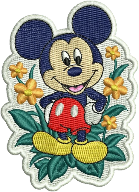 Diseño de bordado Diseño de bordado Mickey Mouse con flores amarillas sobre tela