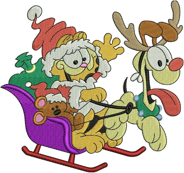 Stickdatei Garfield im Weihnachtsschlitten mit Odie – Stickdatei auf Stoff gestickt