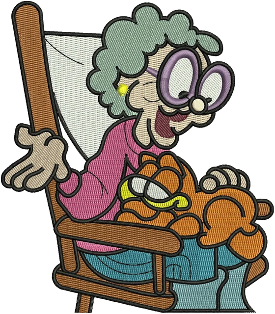 Ricamo Garfield nonna Arbuckle animato su tessuto