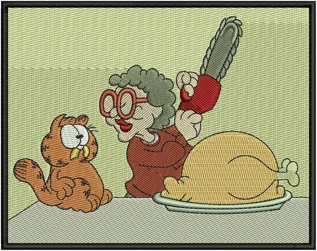 Garfield Grandma Arbuckle with Chainsaw Embroidery Design embroidery design shown stitched on fabric
