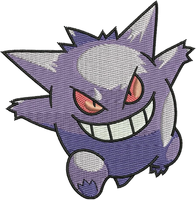 Ricamo Gengar Pokémon con sorriso furbo su tessuto