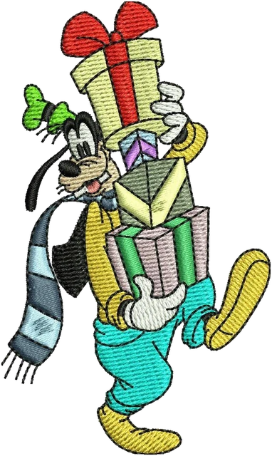 Goofy Carrying Christmas Presents Embroidery Design embroidery design shown stitched on fabric