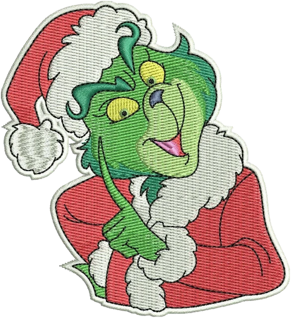 Ricamo Grinch sorridente con cappotto di Babbo Natale su tessuto
