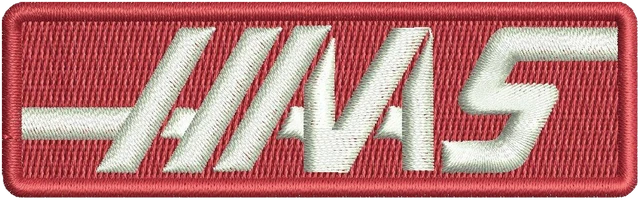Haas Red Rectangular Wordmark Badge Embroidery Design embroidery design shown stitched on fabric