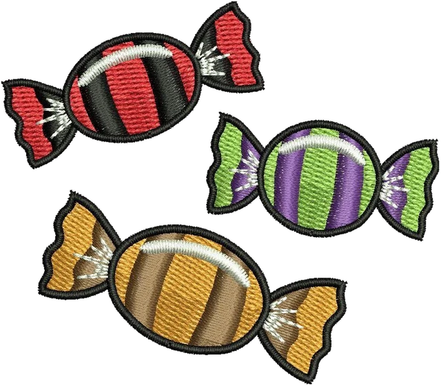 Stickdatei Drei gestreifte Halloween-Bonbons auf Stoff gestickt