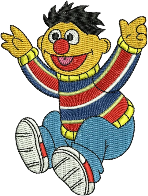 Ernie Jumping with Arms Raised embroidery design shown stitched on fabric