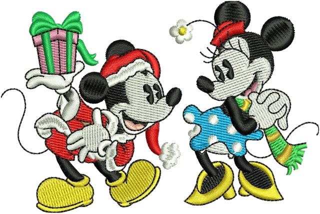 Happy Christmas Mickey and Minnie Mouse Embroidery Design embroidery design shown stitched on fabric