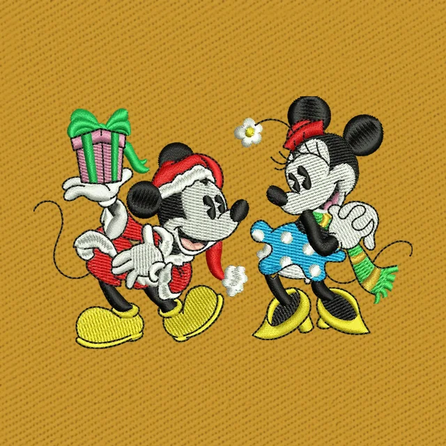 Happy Christmas Mickey and Minnie Mouse Embroidery Design