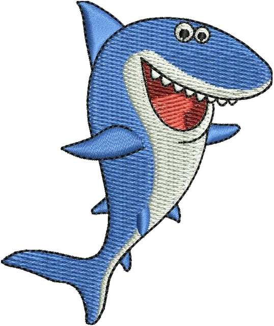 Happy Blue Cartoon Shark embroidery design shown stitched on fabric