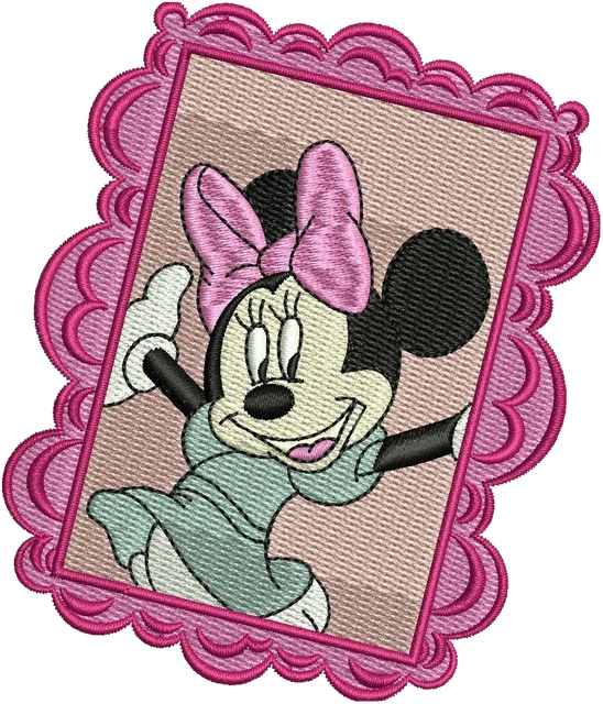 Motif de broderie Minnie Mouse de Disney dans un cadre rose brodé sur tissu