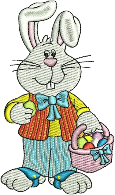 Stickdatei Osterhase mit einem Eierkorb Stickdatei auf Stoff gestickt