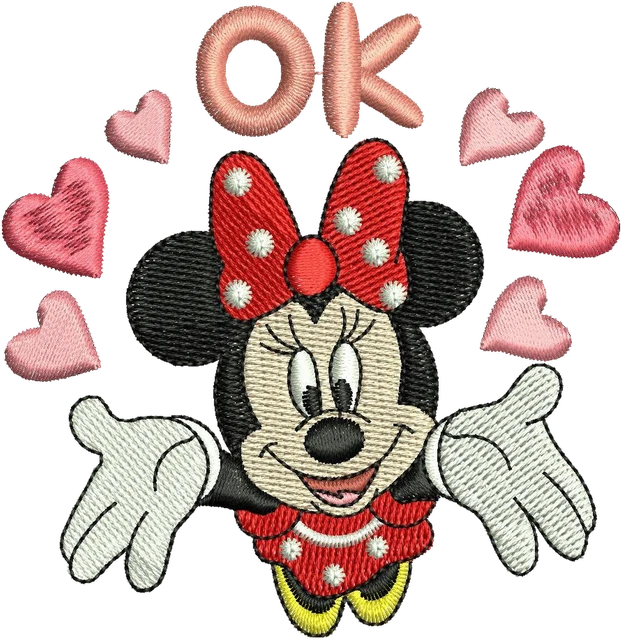 Ricamo Minnie Mouse felice con cuore su tessuto