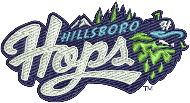 Hillsboro Hops Mountain Mascot Logo embroidery design shown stitched on fabric