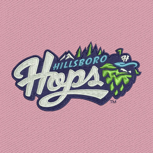Hillsboro Hops Logo mit Maskottchen und Bergen Stickdatei
