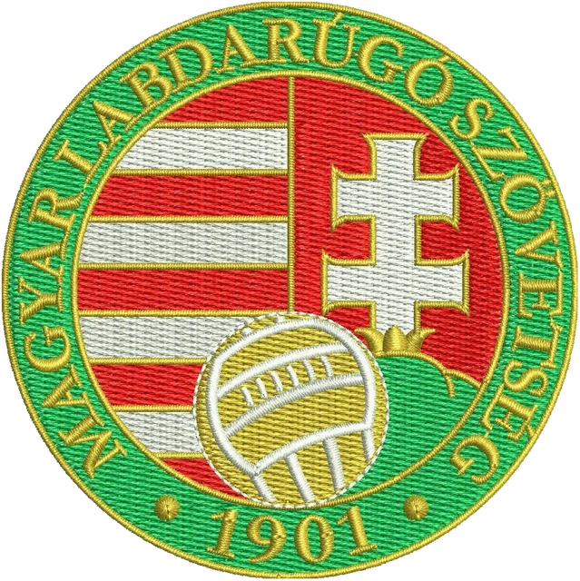 Hungary National Football Team Round Crest embroidery design shown stitched on fabric