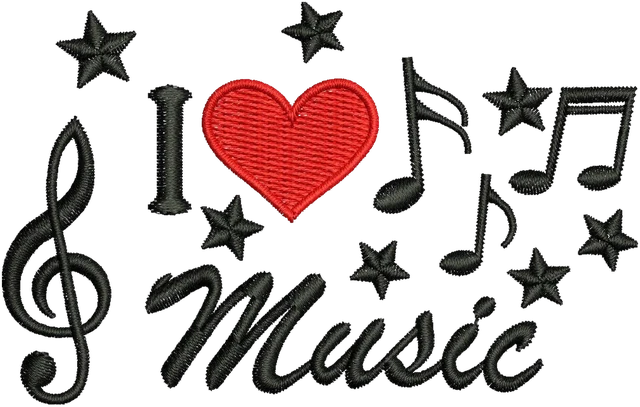I Love Music Embroidery Design embroidery design shown stitched on fabric