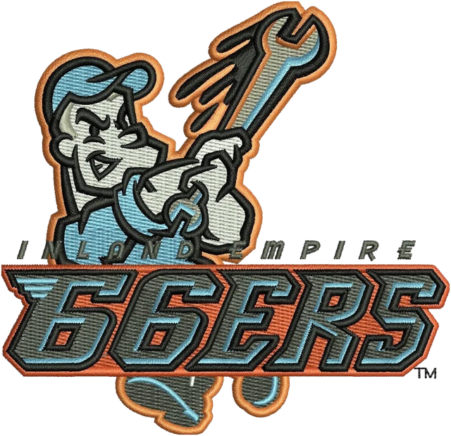 Inland Empire 66ers Baseball Mascot Logo embroidery design shown stitched on fabric