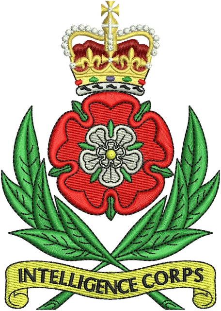 Intelligence Corps Crowned Rose Badge Embroidery Design embroidery design shown stitched on fabric