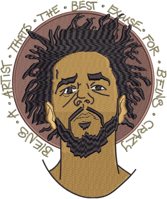 J. Cole circular portrait embroidery design shown stitched on fabric