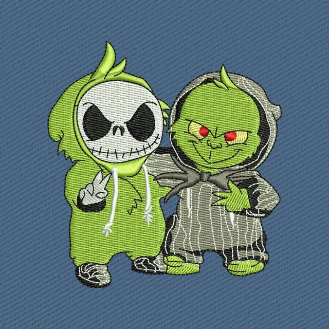 Diseño de bordado Jack Skellington y Grinch en verde