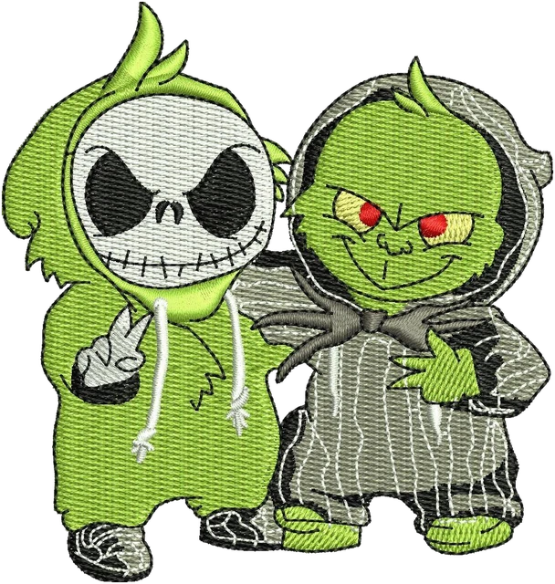 Jack Skellington and Grinch Green Hoodies embroidery design shown stitched on fabric