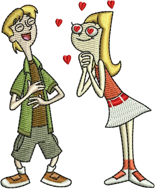 Stickdatei Jeremy Johnson und Candace Flynn mit Herzen Stickdatei auf Stoff gestickt