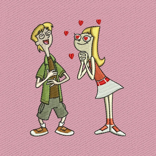Disegno da ricamo Jeremy Johnson e Candace Flynn con cuori