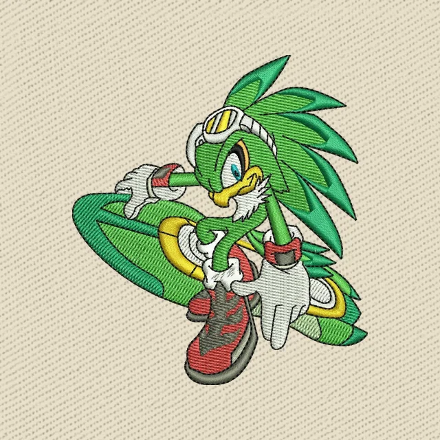 Diseño de bordado Jet the Hawk sobre aerotabla verde
