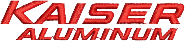 Stickdatei Kaiser Aluminum rotes Schriftlogo Stickdatei auf Stoff gestickt