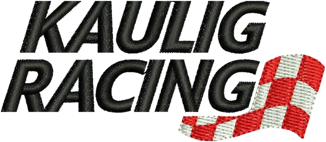 Kaulig Racing Checkered Flag Wordmark embroidery design shown stitched on fabric