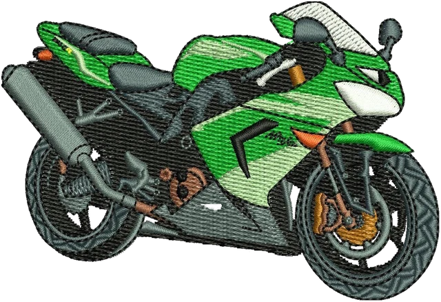 Kawasaki Ninja Motorcycle Embroidery Design embroidery design shown stitched on fabric