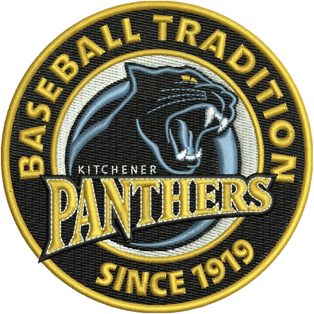 Kitchener Panthers Round Baseball Emblem embroidery design shown stitched on fabric