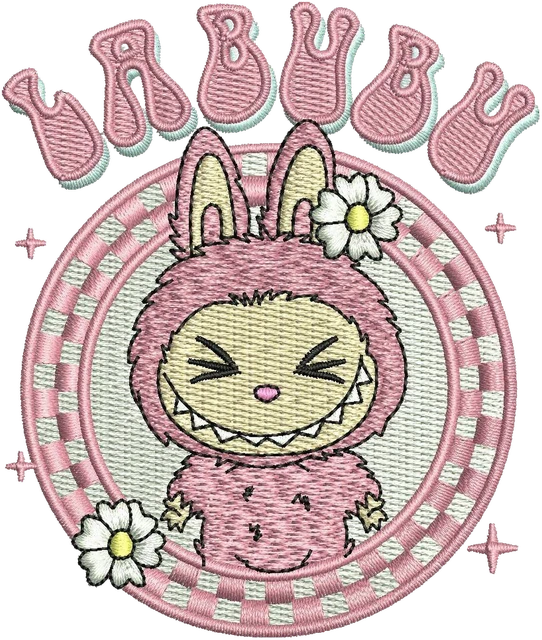 Ricamo Disegno da ricamo Labubu rosa logo floreale circolare su tessuto