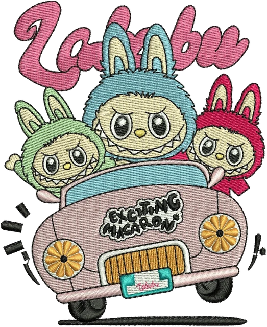 Diseño de bordado Diseño de bordado Tres muñecos Labubu en coche rosa sobre tela